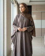 Elegant Charcoal Grey Kaftan Abaya with Contrast Piping | Premium Nida | Tehnoor