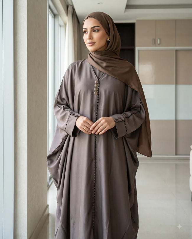 Elegant Charcoal Grey Kaftan Abaya with Contrast Piping | Premium Nida | Tehnoor Hover Image