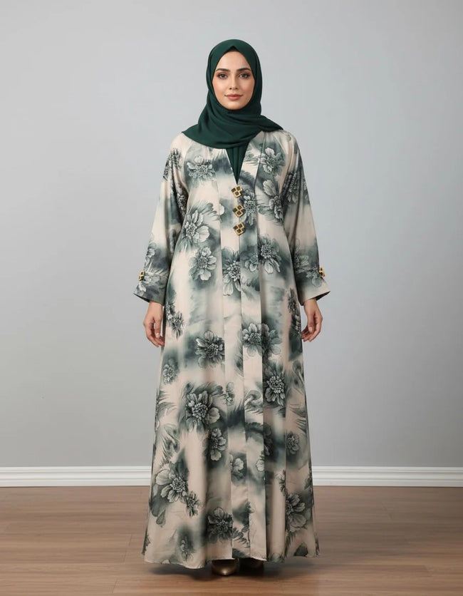 Vintage Emerald Floral Nida Abaya - Elegant Digital Print Open-Front Cardigan with Gold & Black Enamel Accents - 56" Length Hover Image
