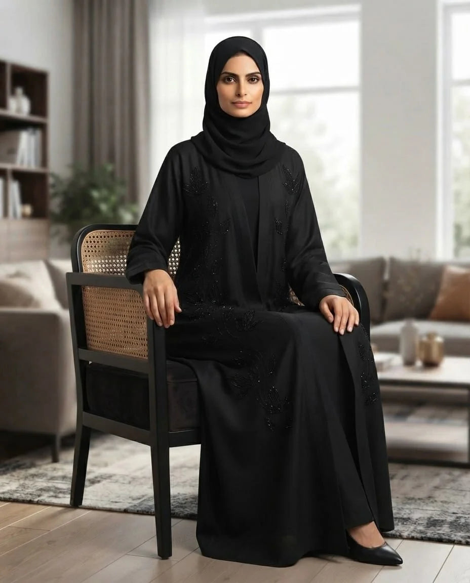 Black Indian Nida Abaya With Hijab with Front Pipe Work Embroidery | Elegant Full‑Length Modest Wear by Tehnoor