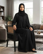 Black Indian Nida Abaya With Hijab with Front Pipe Work Embroidery | Elegant Full‑Length Modest Wear by Tehnoor