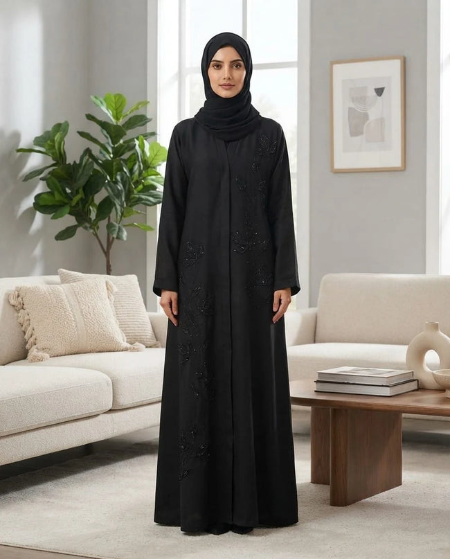 Black Indian Nida Abaya With Hijab with Front Pipe Work Embroidery | Elegant Full‑Length Modest Wear by Tehnoor Hover Image
