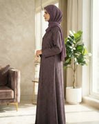 Elegant Grey Woven Leaf Abaya | Lapel Collar & Premium Jacquard-Style Motif