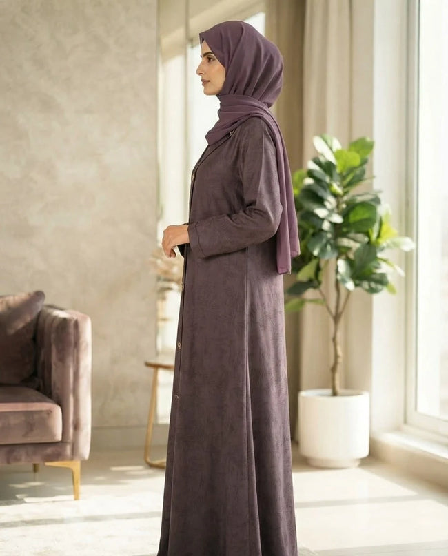Plum Premium Fabric Abaya with Textured Leaf Pattern & Triangular Buttons | Elegant Front‑Open Modest Wear by Tehnoor Hover Image