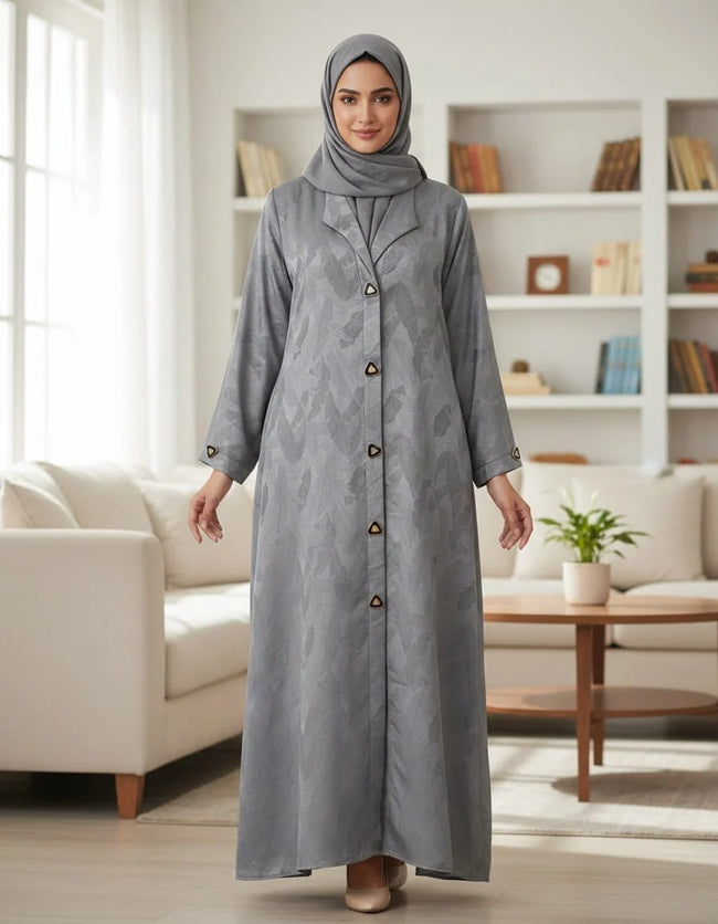 Elegant Grey Woven Leaf Abaya | Lapel Collar & Premium Jacquard-Style Motif Hover Image